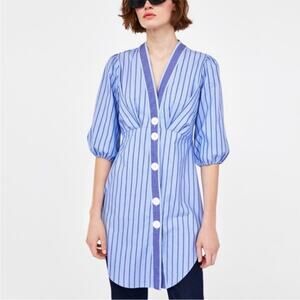 Zara Blue Striped Asymmetrical Puff Sleeve Peasant Button Down Dress Size S